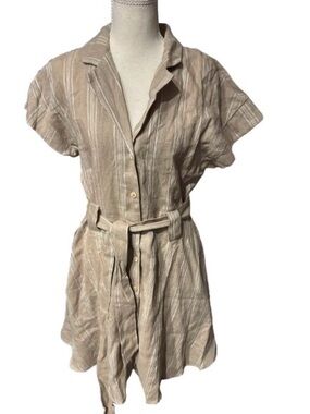 Striped Short Sleeved Dress MIOU MUSE Large Belted Linen Cotton Resort Beach
